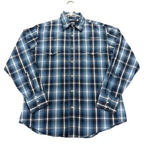 Wrangler Western Shirt Mens L Pearl Snap Blue Plaid Long Sleeve‎ Cowboy Rodeo